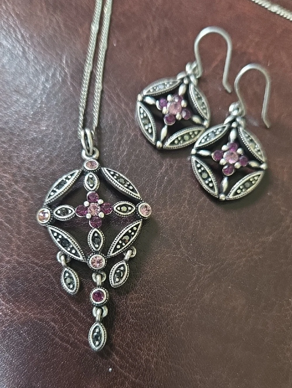 Vintage-Inspired Amethyst & Marcasite Pendant Necklace and Earring Set #M2 - Picture 1 of 5